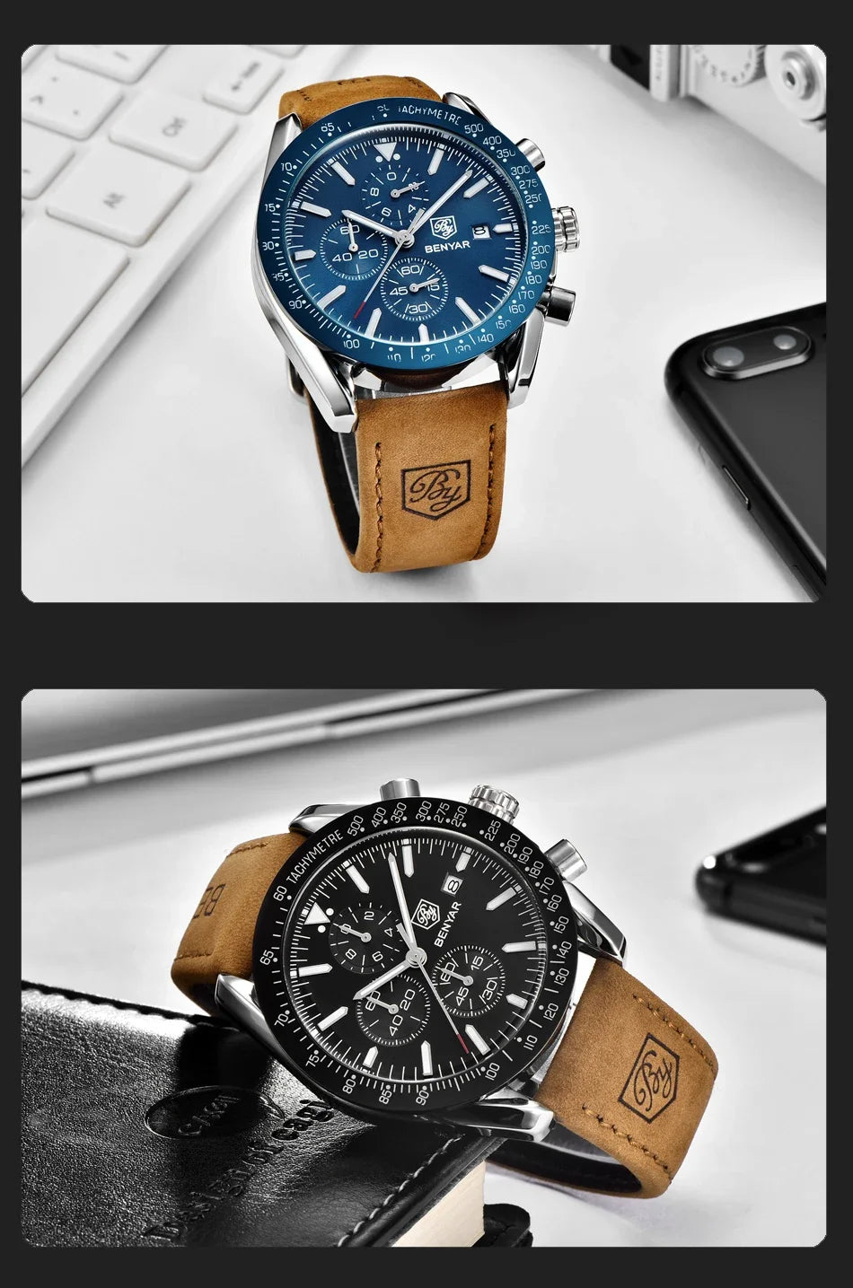 Two BENYAR men's watches with blue and black dials on brown leather straps