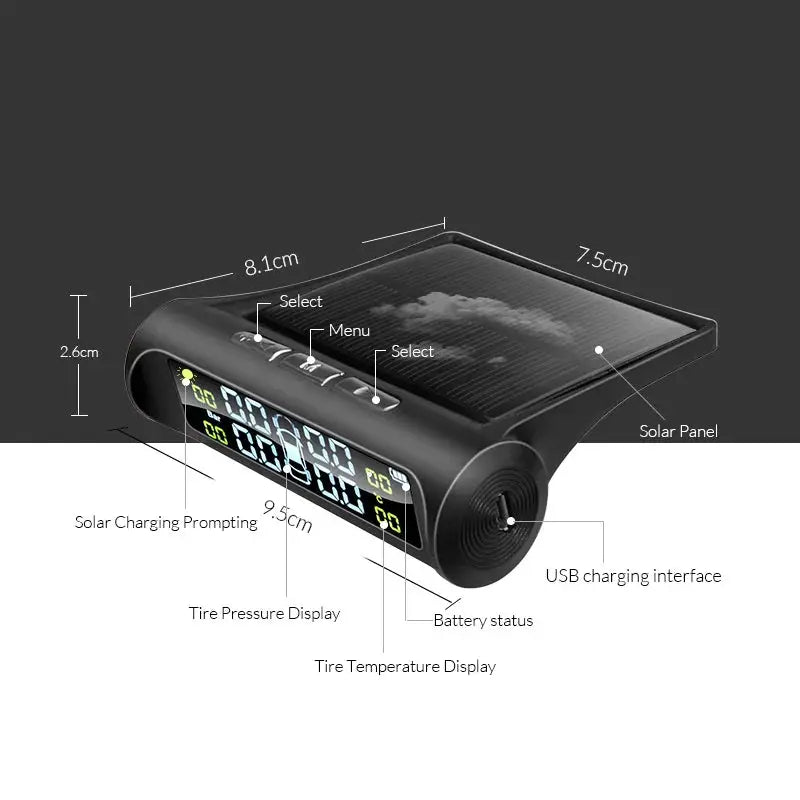Simples Market E-ACE Solar Power TPMS monitor with solar panel, USB charging, tire pressure and temperature displays