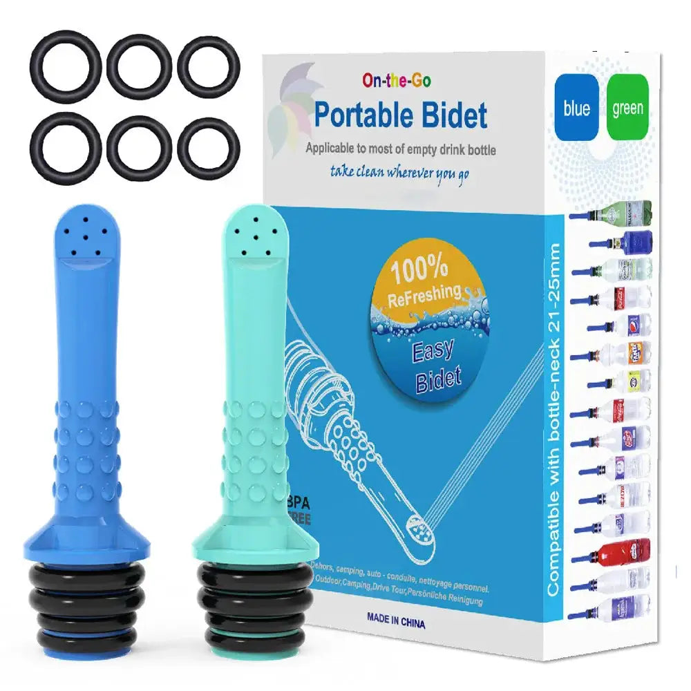 2/3pc portable bidet set for toilet or travel with blue and mint sprayer heads and six adapters