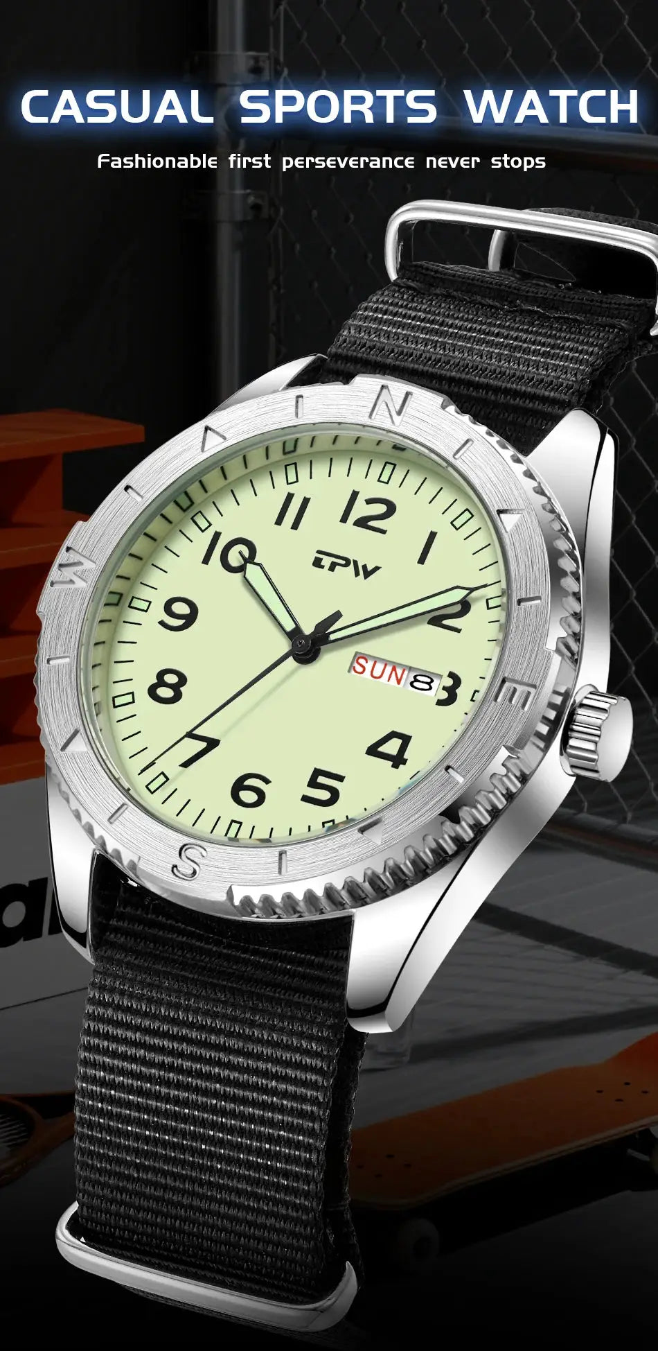 2026 TPW 40mm field watch by Simples Market; lime dial, luminous rotating bezel, fabric strap, date & day.
