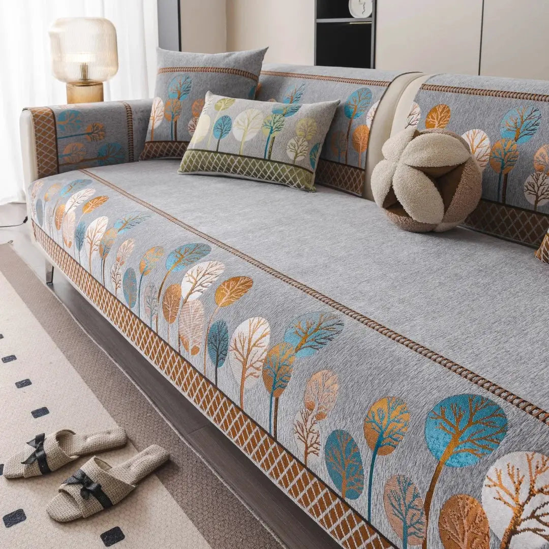 Boho Full Moon Tree jacquard chenille sofa cover with matching cushions on gray sofa, anti-slip