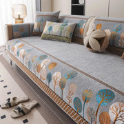 Boho Full Moon Tree jacquard chenille sofa cover with matching cushions on gray sofa, anti-slip