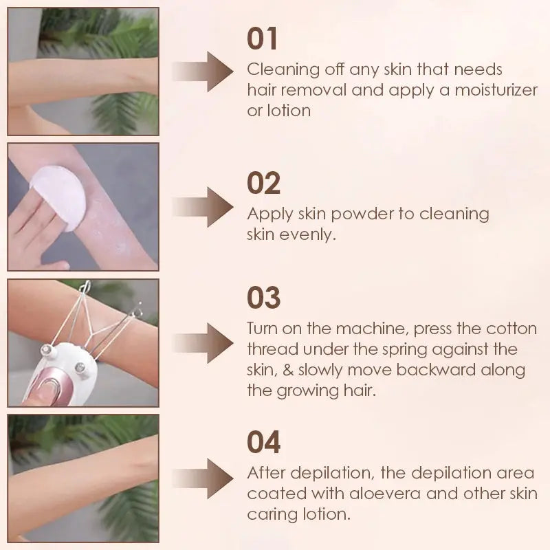 Electric threading epilator by Simples Market; portable facial and body hair remover with cotton thread