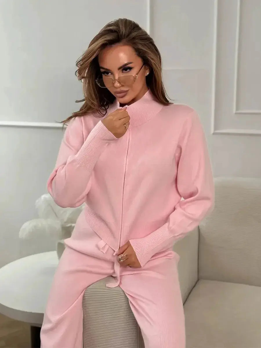 Bornladies Knit Zip Up Cropped Cardigan With Wide Leg Pants Set Women