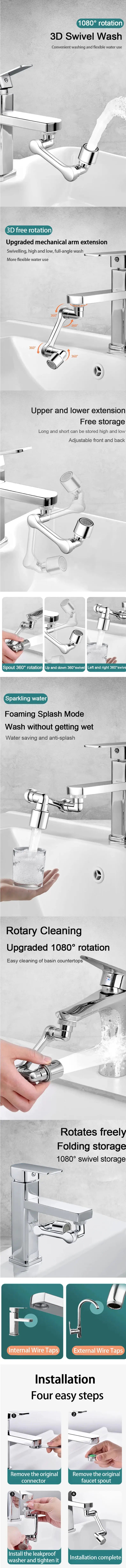 1080° rotation faucet with 3D swivel robot arm and dual-mode sprayer, chrome finish — Simples Market