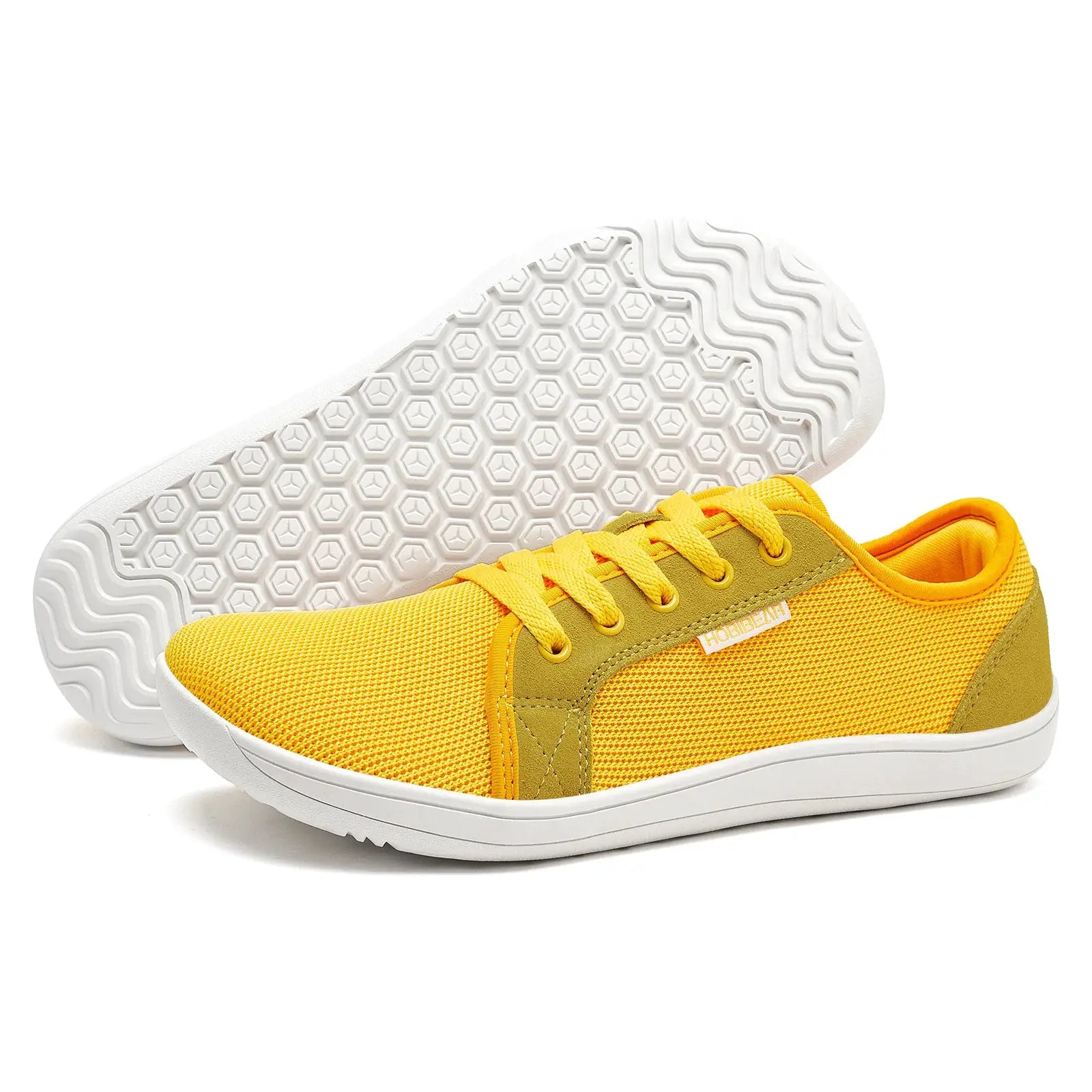 Barefoot running shoe by HOBIBEAR, unisex yellow breathable mesh upper with hex-patterned white outsole