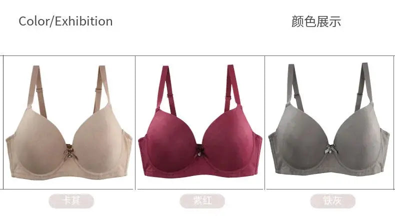 DaiNaFang bras in beige, burgundy and gray with bow accents, 3-pack