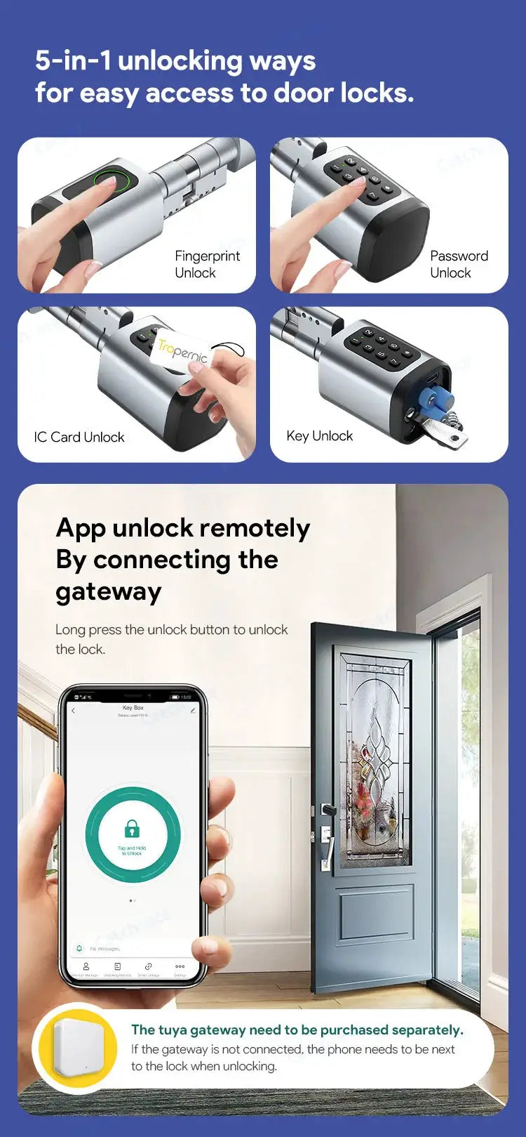 V1 Pro+ silver smart door lock by Simples Market; 5 unlock modes: fingerprint, password, IC card, key, app