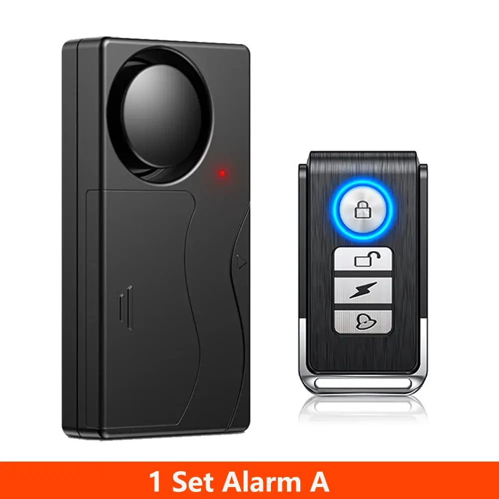 Awapow wireless vibration alarm set with black main unit and blue-lit remote for bike and home security (110dB)