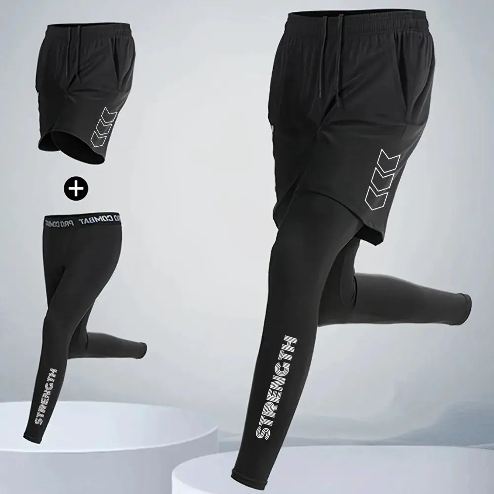 Men's 2-piece black compression sport pants set with outer shorts and inner tights; quick-dry training wear