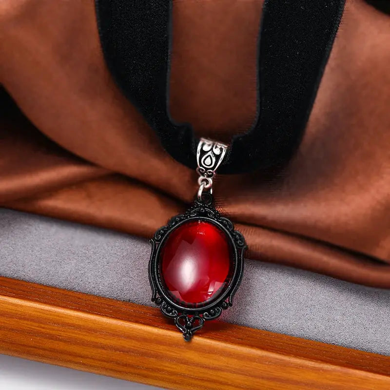 Gothic Witch Blood Red Pendant Choker Necklace For Women Vintage Black Velvet Jewelry Accessory
