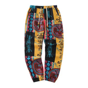 Mens boho tribal print stretch cotton-linen blend jogger pants with drawstring pockets, Simples Market