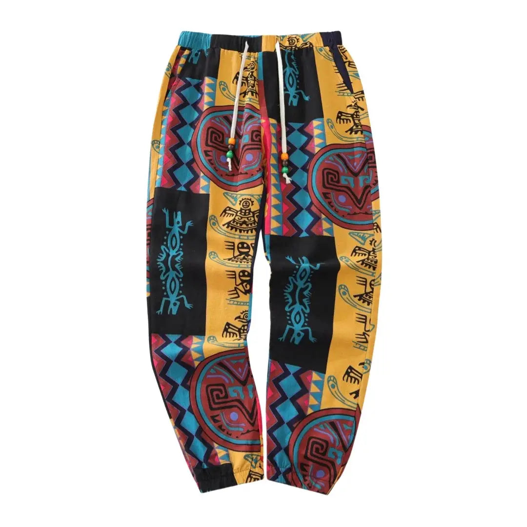 Mens boho tribal print stretch cotton-linen blend jogger pants with drawstring pockets, Simples Market