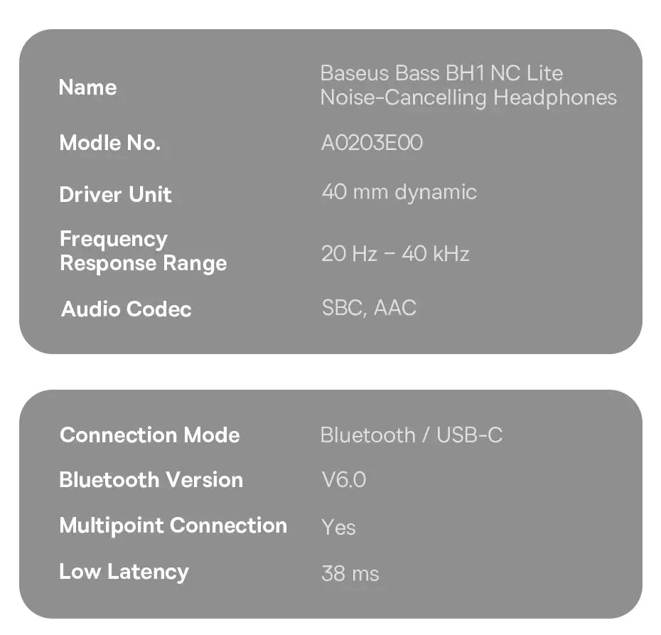 Baseus Bass EH10 NC wireless headphones, over-ear Bluetooth 6.0 noise-canceling; two spec panels shown