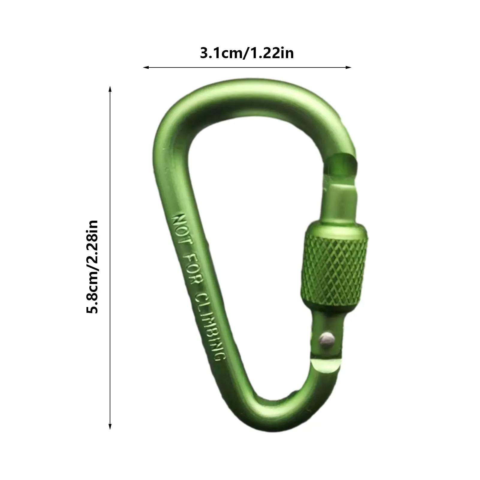 Green aluminum carabiner with screw-lock gate and 360° swivel for camping and backpacking