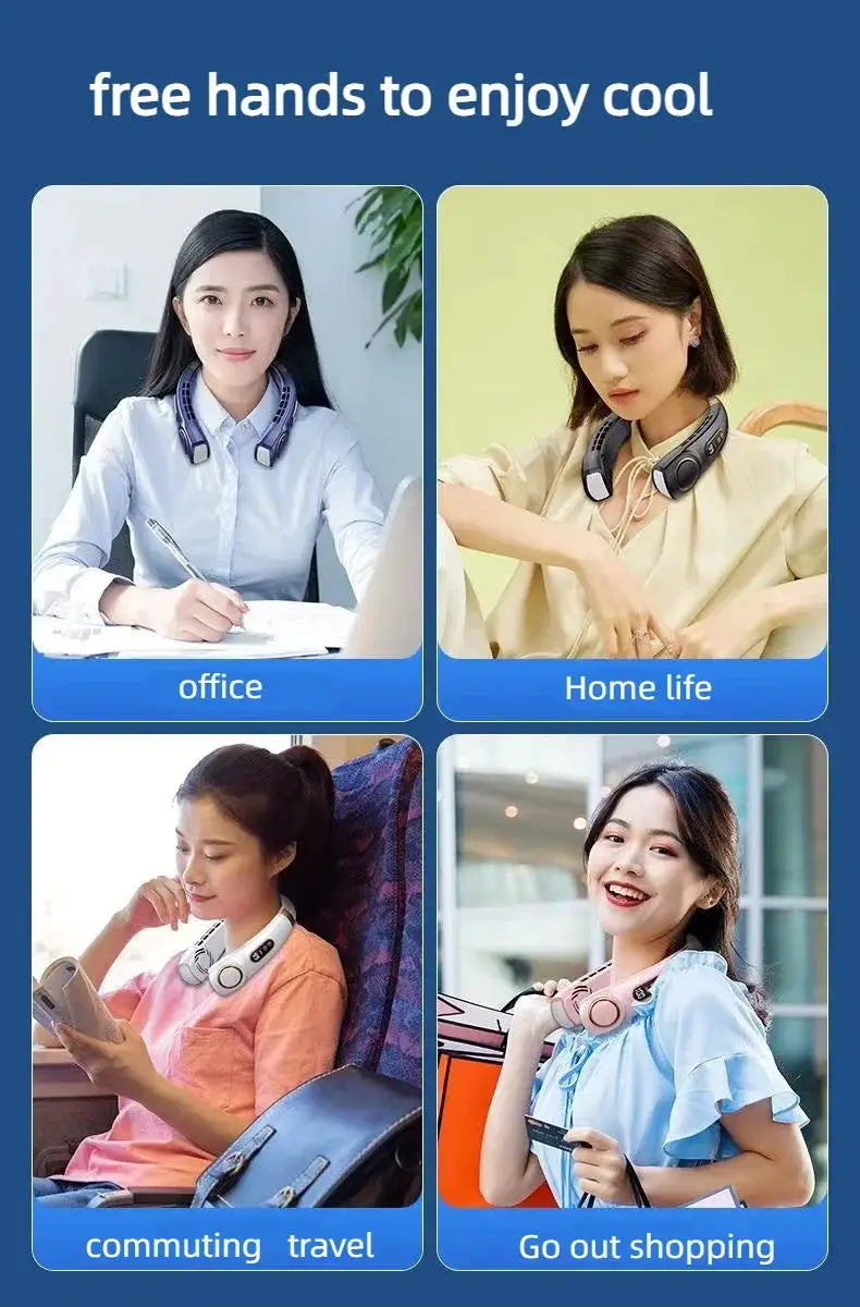 JKUOO portable neck fan by Simples Market; bladeless USB rechargeable personal fan with LED, shown in four scenes.