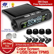 E-ACE solar-powered TPMS car tire pressure monitor with color LCD and external-sensor kit (4 sensors)