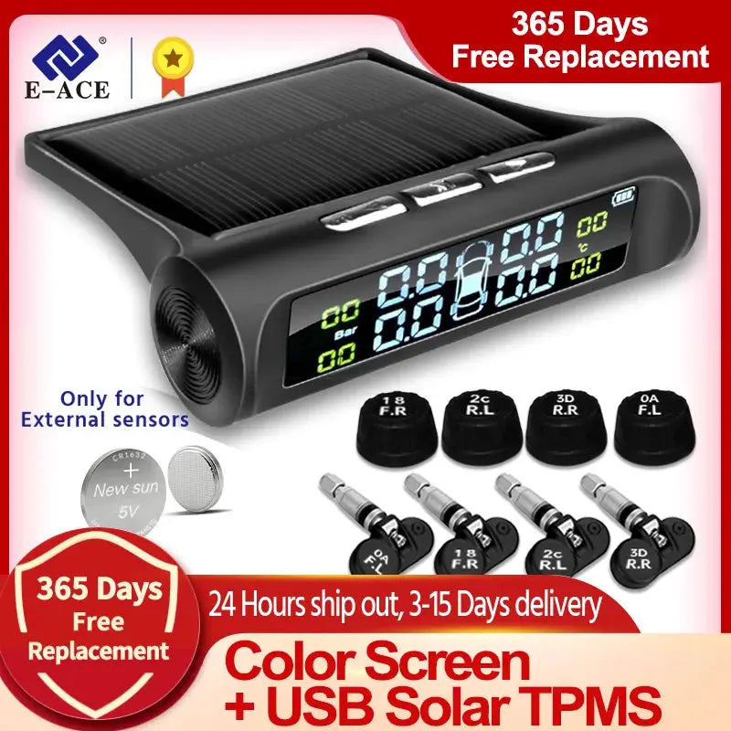 E-ACE solar-powered TPMS car tire pressure monitor with color LCD and external-sensor kit (4 sensors)