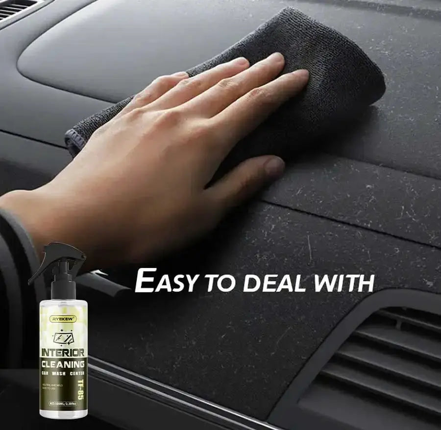 Ryekew car interior cleaner spray by Simples Market; bottle beside a hand wiping a black dashboard with microfiber cloth