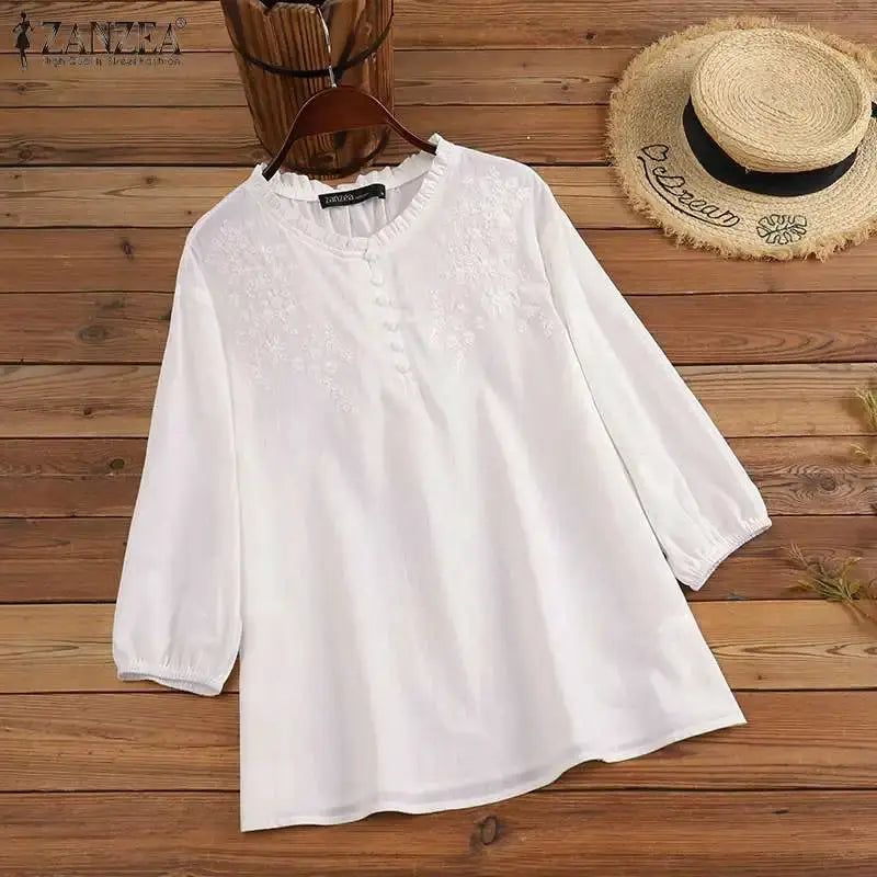 ZANZEA Summer Vintage Womens Blouse O Neck ThreeQuarter Sleeve Cotton
