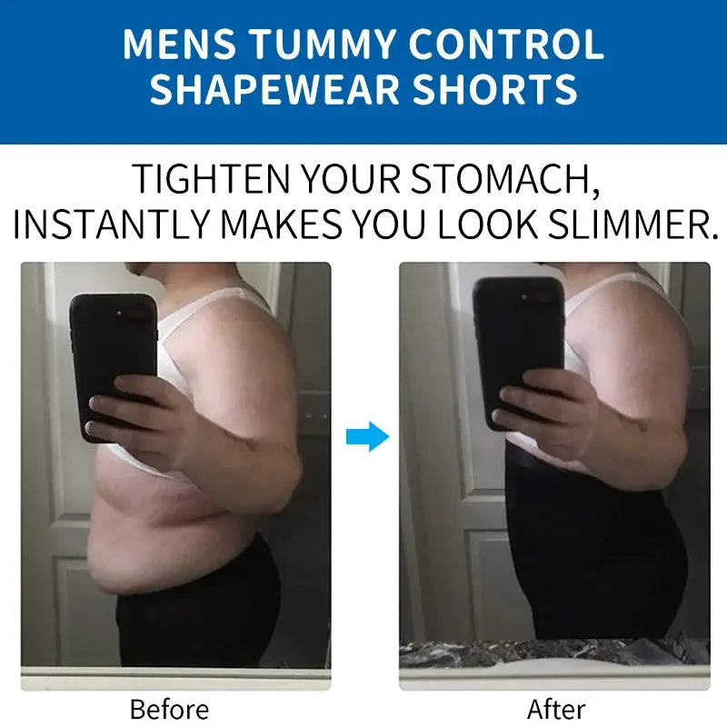 Men's body shaper tummy control compression shorts, black; two side-by-side views before and after abdomen slimming.