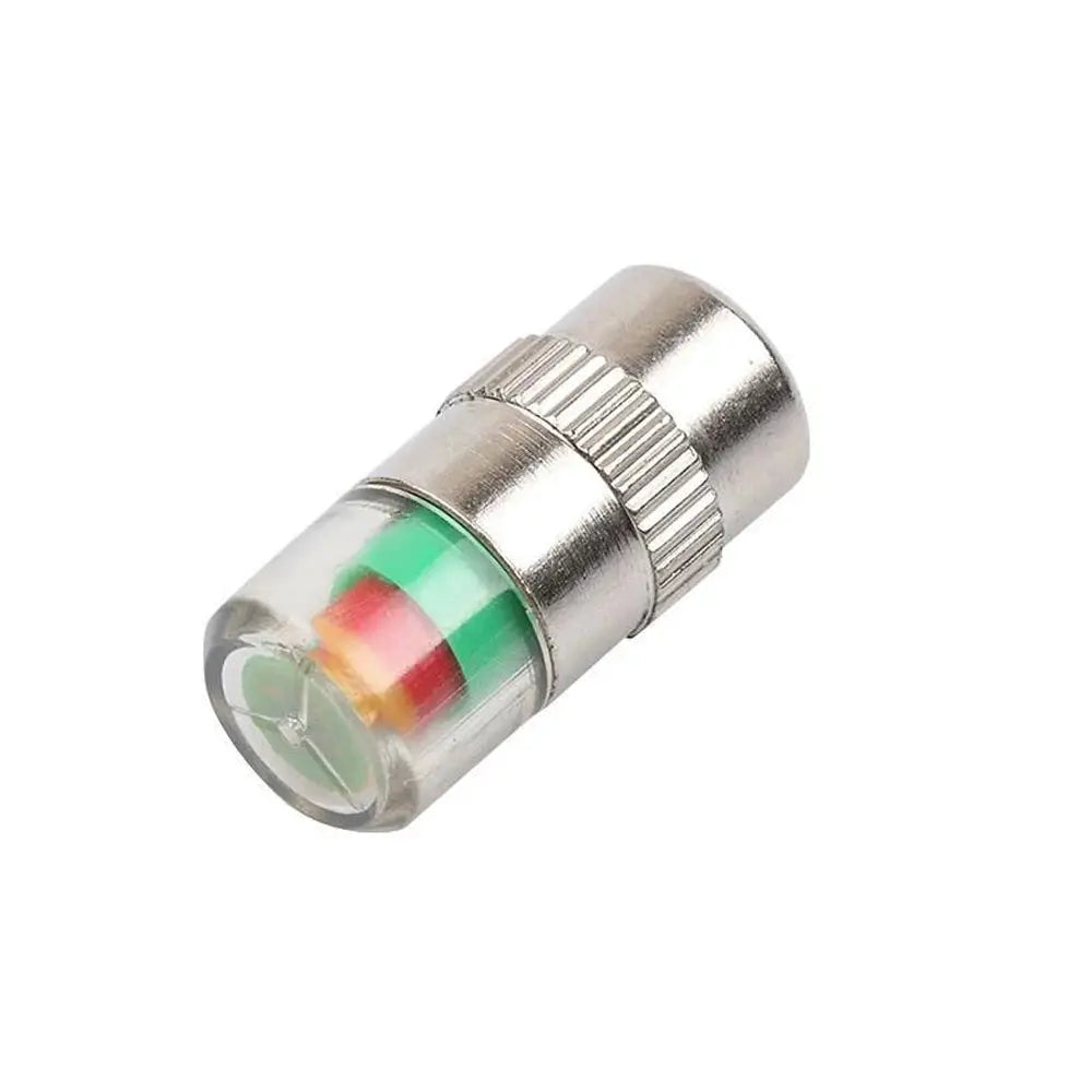 Tire valve cap gauge indicator by Simples Market; metal cap with transparent top showing green, red, and yellow; 4-pack
