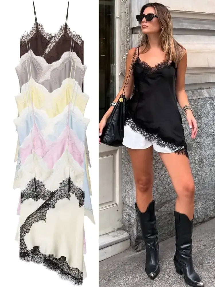 Sexy Women Asymmetrical Lace Slip Tops Backless Sleeveless Off Shoulder Beachwear With Elegant Lace