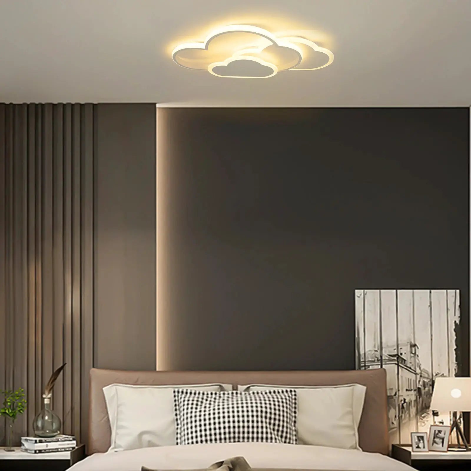 Cloud LED ceiling lamp, white cloud-ring design, modern minimalist bedroom lighting.