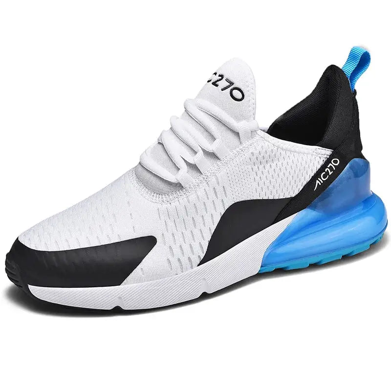 Men's running sneakers by Simples Market, white breathable mesh upper with black accents and blue heel