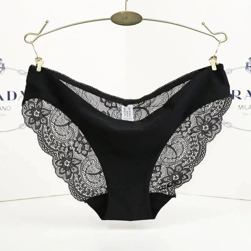 Women's black lace low-rise panties with floral side panels