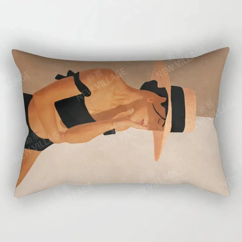 Throw pillow cover with abstract boho illustration of a woman in a straw hat on a beige background