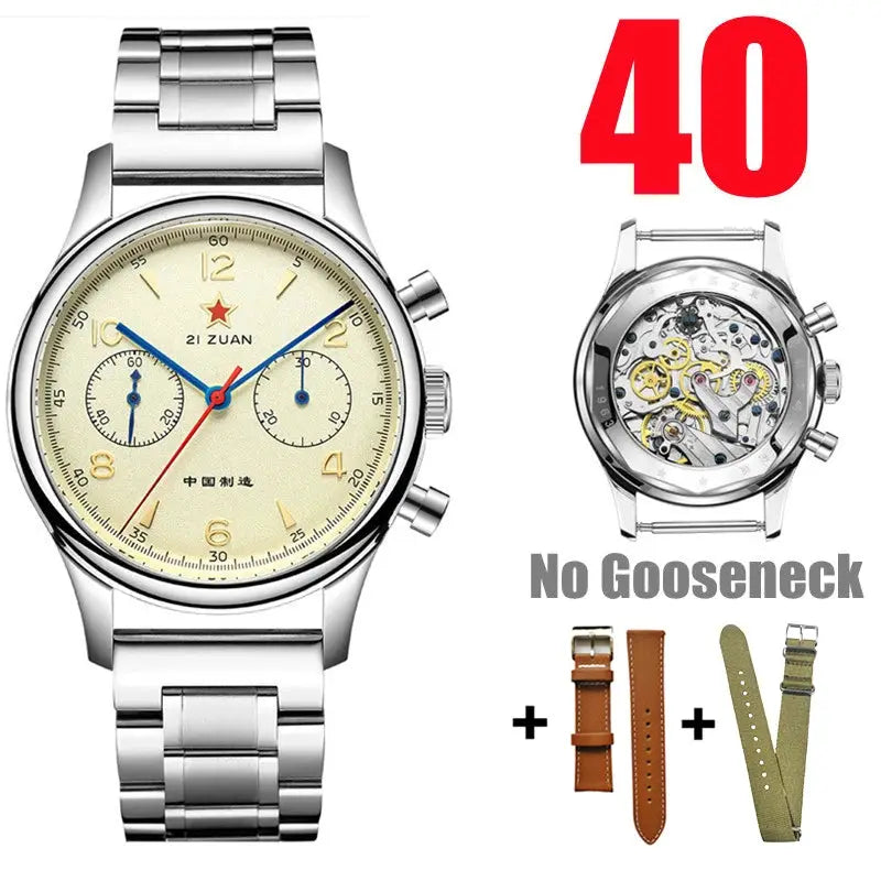 Simples Market RED STAR 38mm men's chronograph watch, stainless steel bracelet, Seagull ST1901 movement, three straps.