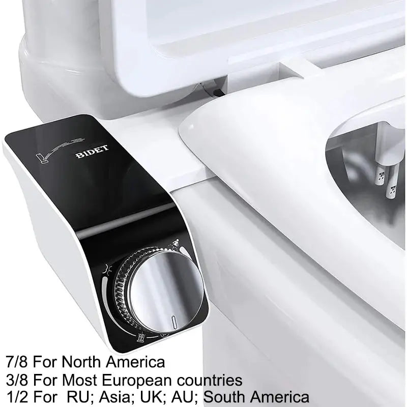 Bidet toilet seat attachment with black control panel and chrome dial, white toilet, dual nozzles, non-electric