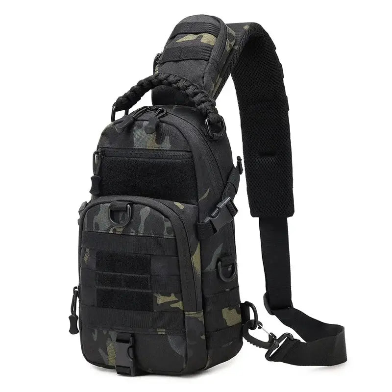 Simples Market tactical chest bag with MOLLE system, camouflage pattern, compact multi-pocket sling bag