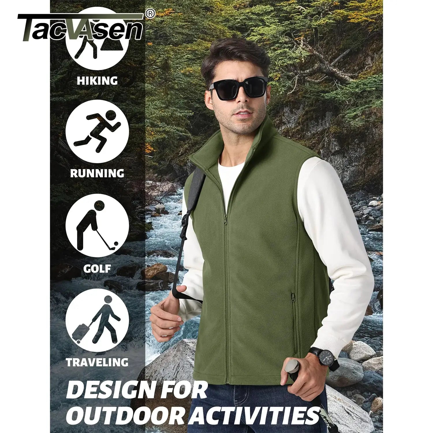 TacVasen men's fleece vest in olive green with stand collar, Simples Market brand, sleeveless outdoor waistcoat