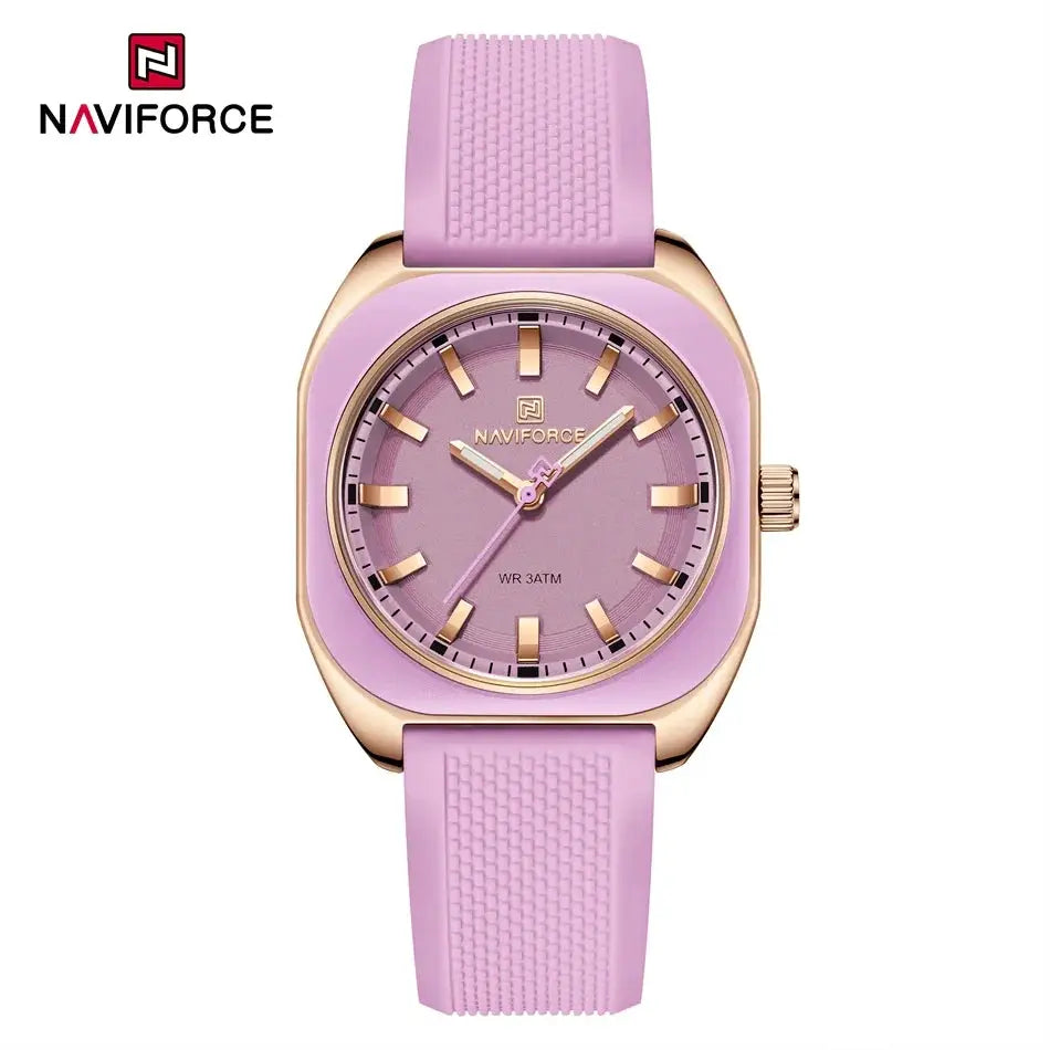 NAVIFORCE women's silicone wristwatch with lilac dial, rose-gold case and pink strap