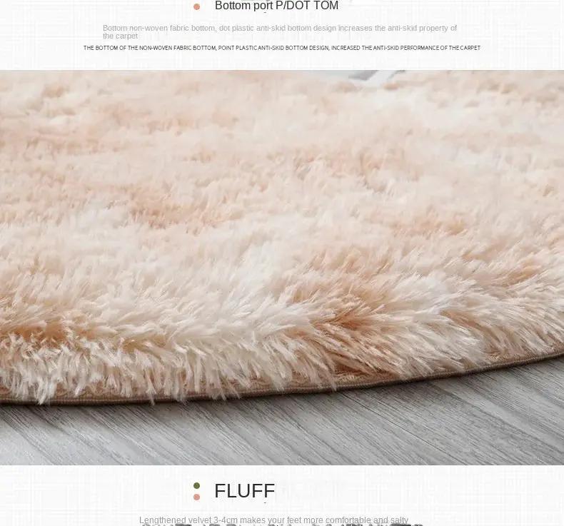 Round plush rug, fluffy cream-white carpet with thick pile for living room and bedroom decor.