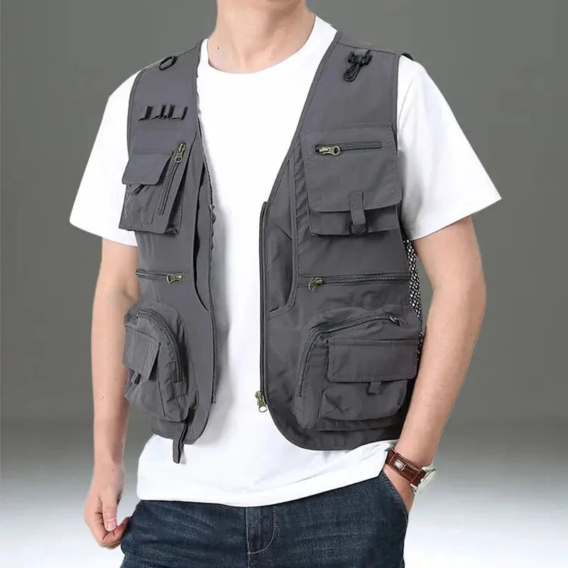 Simples Market men's multipocket quick-dry mesh fishing vest; dark gray sleeveless tactical vest with zip pockets.