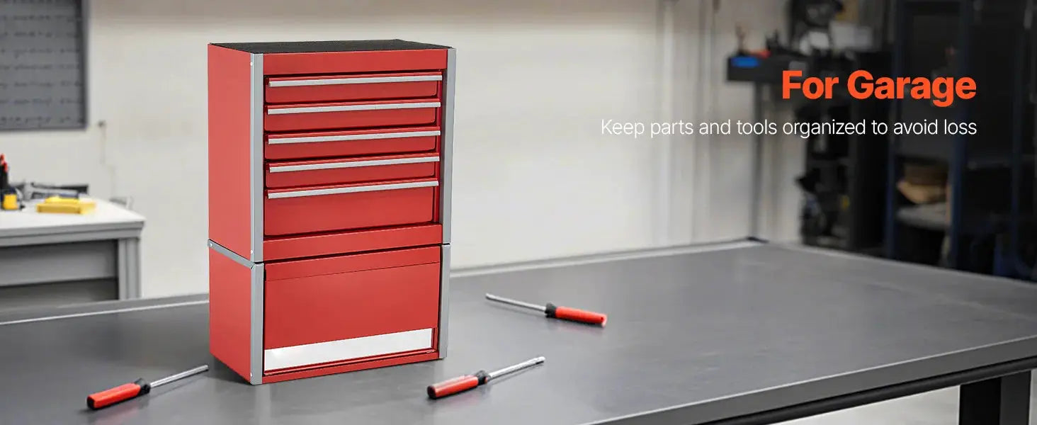 5-drawer metal tool box in red and black, portable on a workshop table