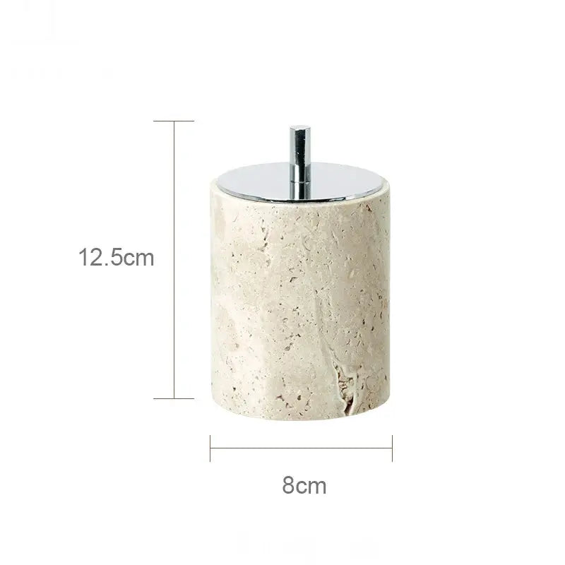 Beige travertine soap dispenser with chrome top for bathroom