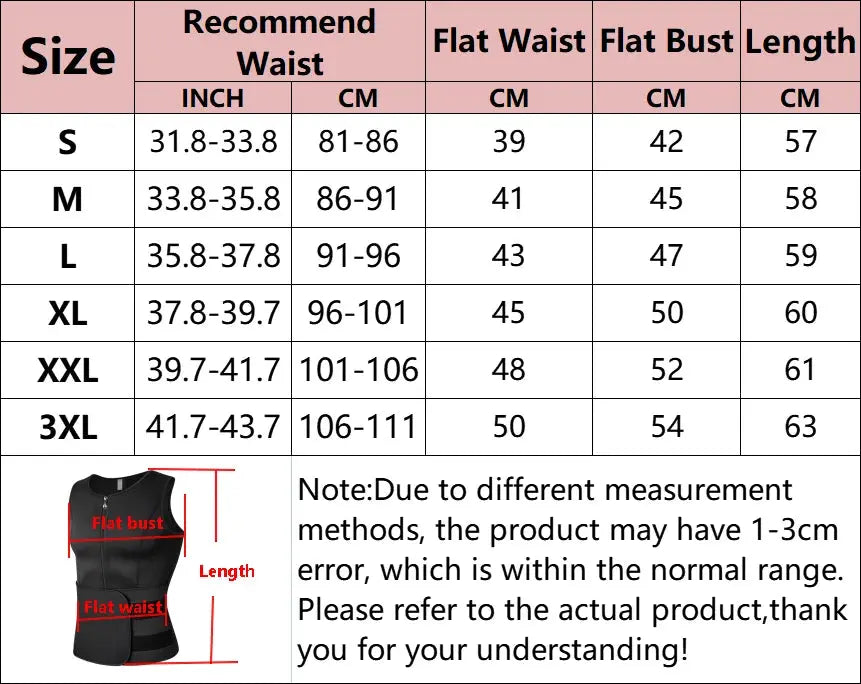 Men's black waist trainer sauna vest by Simples Market with size chart