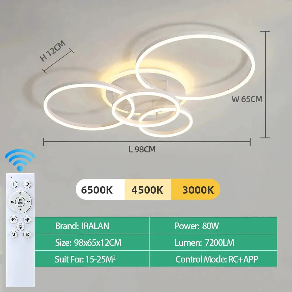 IRALAN modern LED ceiling chandelier with circular ring design; 80W, 7200LM, 3000–6500K, RC+APP control, 98x65x12CM