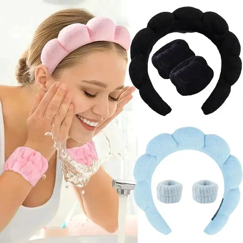 Three Piece Bubble Headband Set With Wristbands And Scrunchies For Face Washing Makeup And Shower Spa Skincare