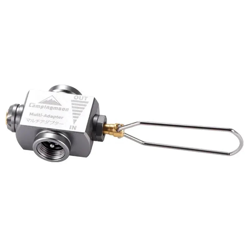 CAMPINGMOON Z15 metal gas tank multi-adapter pressure relief valve with IN/OUT labeling and a long wire handle