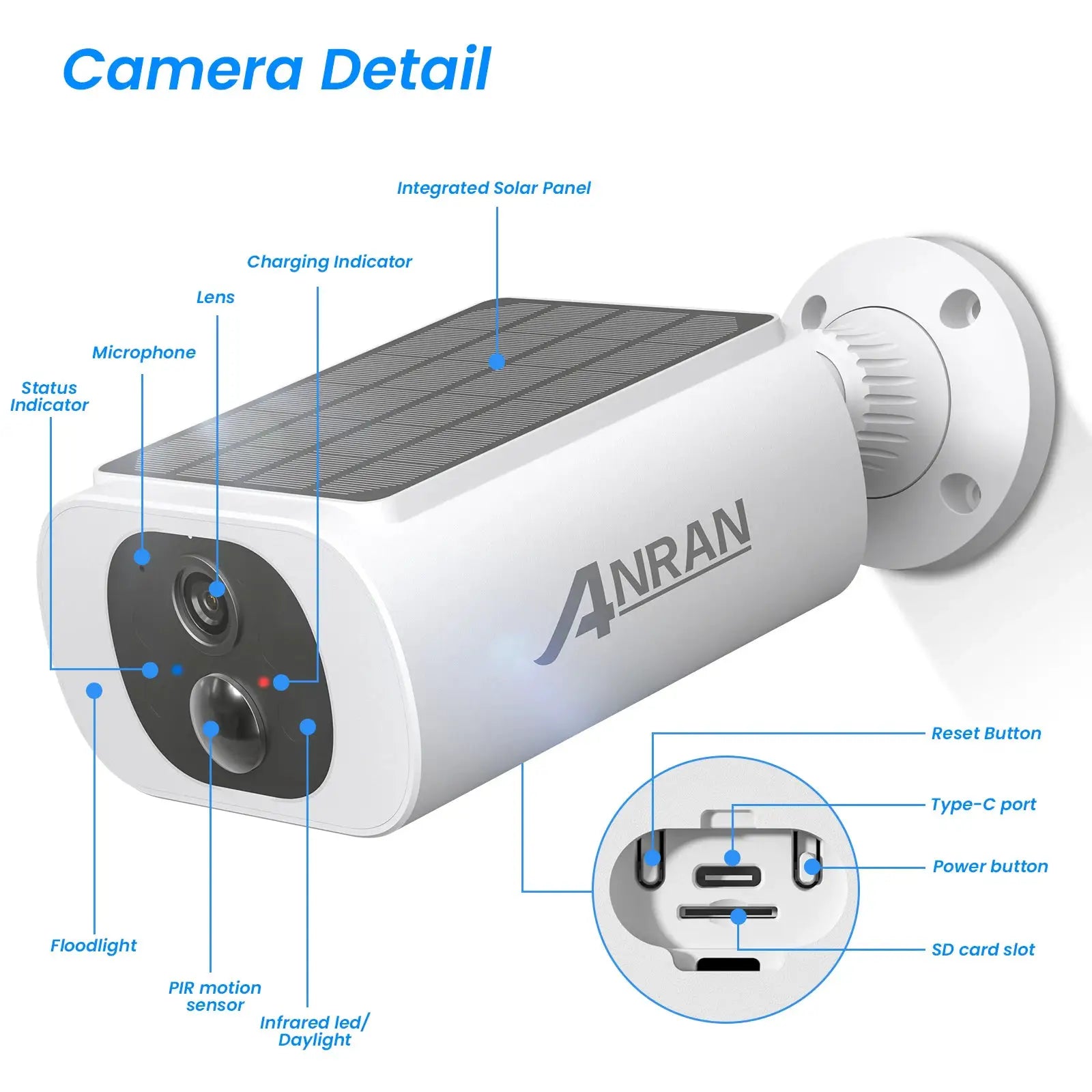 ANRAN 2K solar security camera; outdoor wireless battery cam with floodlight and color night vision.
