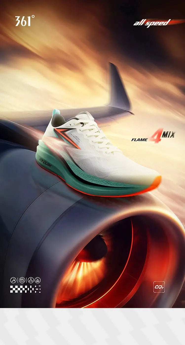 361° Flame 4 Mix men’s running shoe with white upper, mint-green midsole and orange outsole