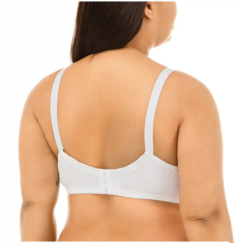 White seamless bra with wide straps, back view on a model