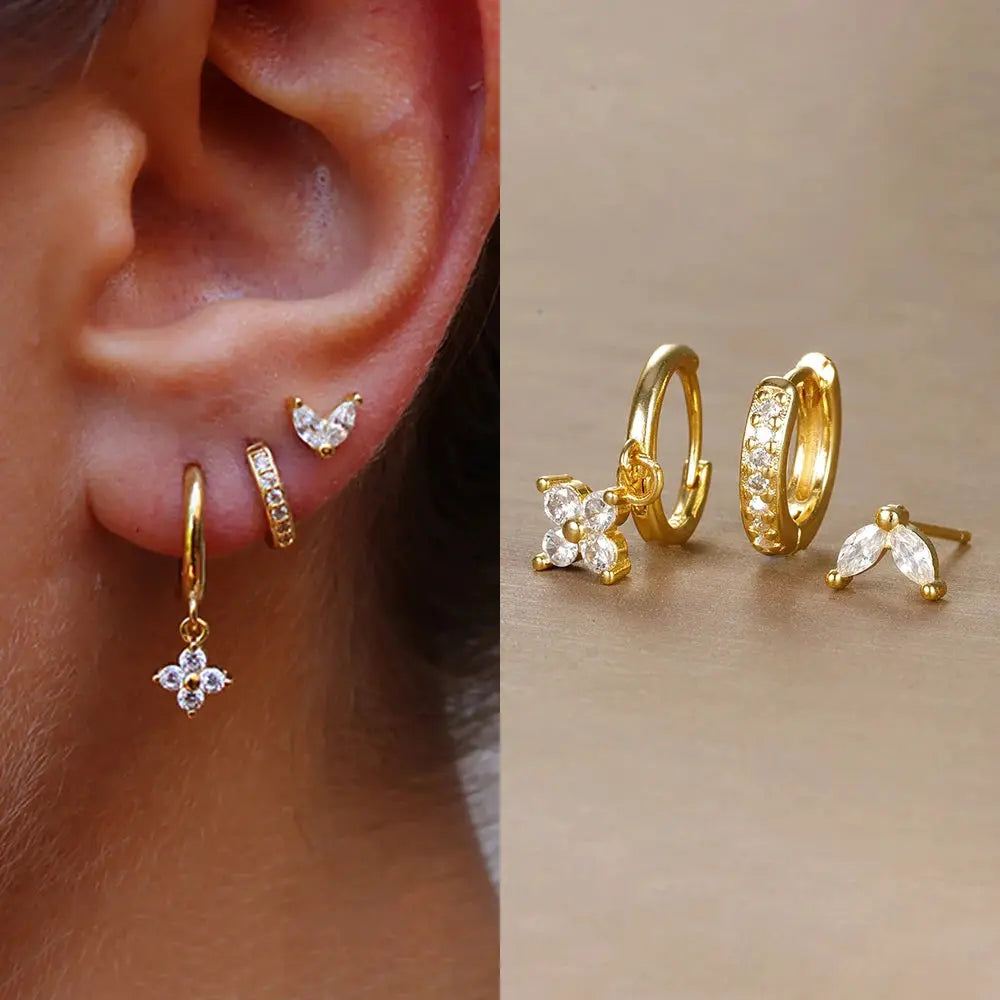 3Pcs Trendy Stainless Steel Flower Drop Earrings Set For Women Crystal Zirconia Dangle Hypoallergenic Piercing Jewelry