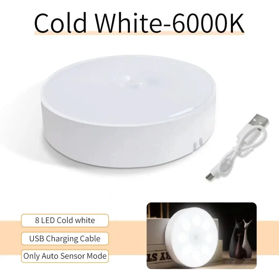 Motion sensor night light by Simples Market, round USB rechargeable LED lamp in cold white 6000K with charging cable