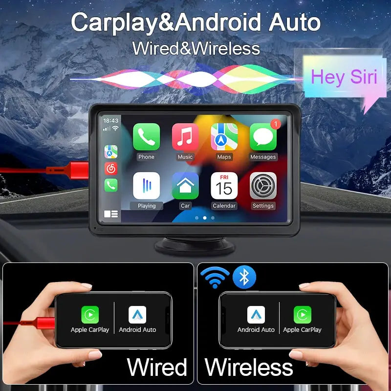 Hippcron 7Inch Car Radio With Wireless CarPlay Android Auto Universal